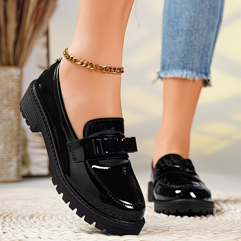 New Patent Glossy Bow Mid-Heel Vintage Loafers European