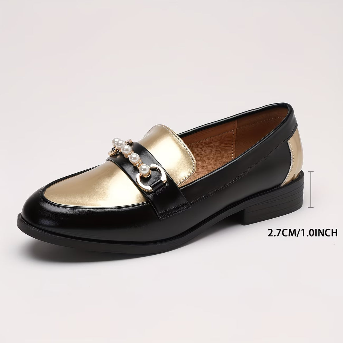 French Style Small faux leather Shoes Pearl Diamond Buckle Round Toe