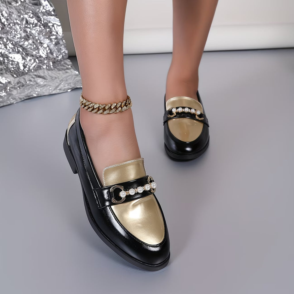 French Style Small faux leather Shoes Pearl Diamond Buckle Round Toe