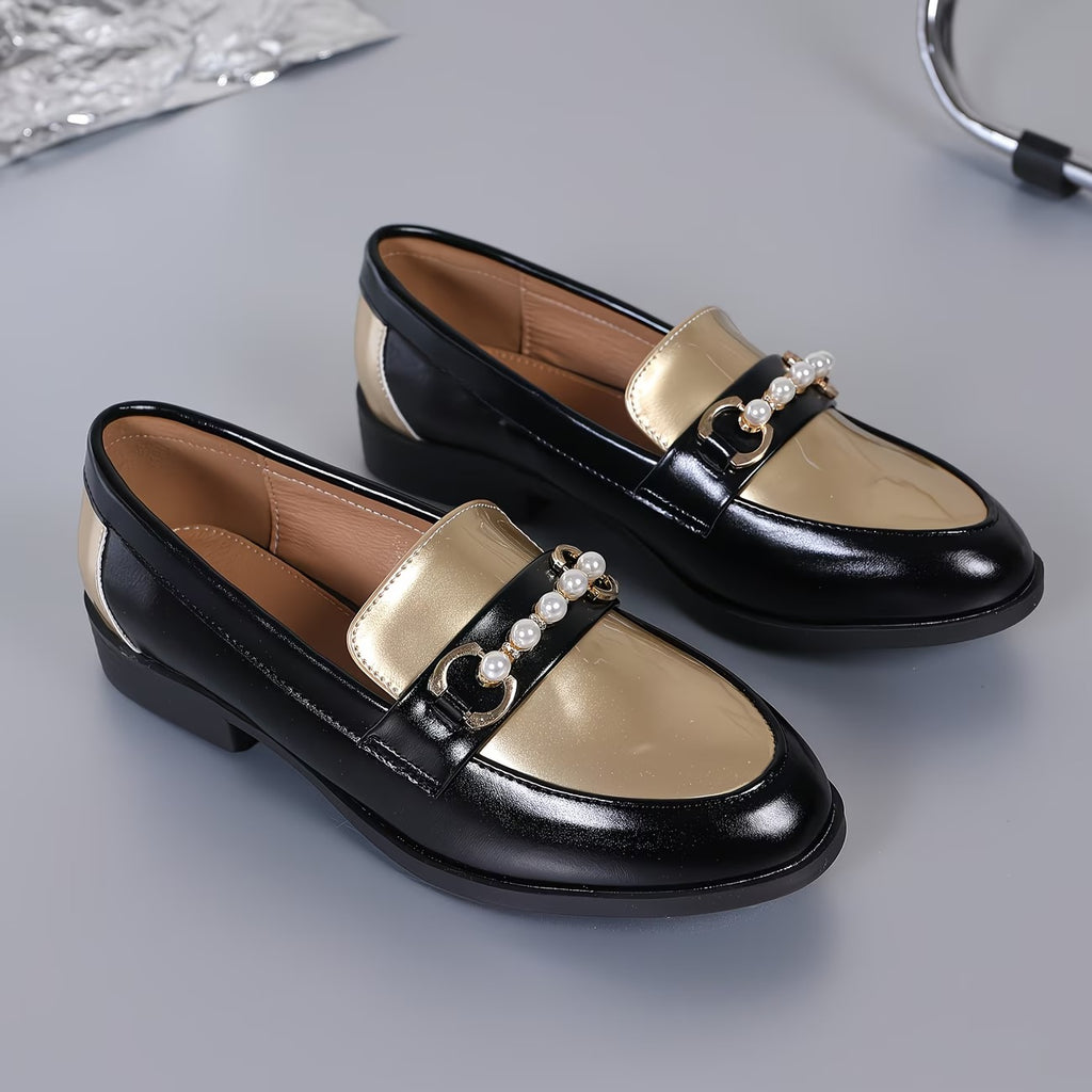 French Style Small faux leather Shoes Pearl Diamond Buckle Round Toe