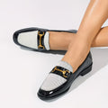An Elegant Pair of Women's Square-toed Metal Horsebit Blocked