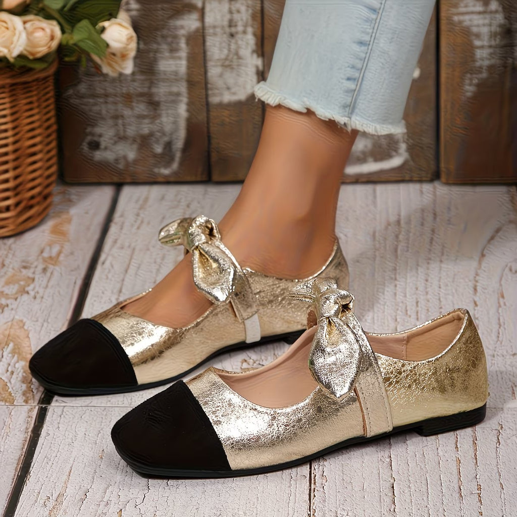 French-Style Ultra-Soft Bowknot Color-Blocked Square-Toe Flat