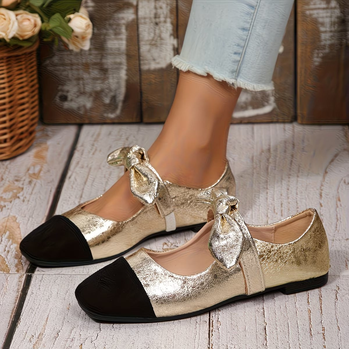 French-Style Ultra-Soft Bowknot Color-Blocked Square-Toe Flat