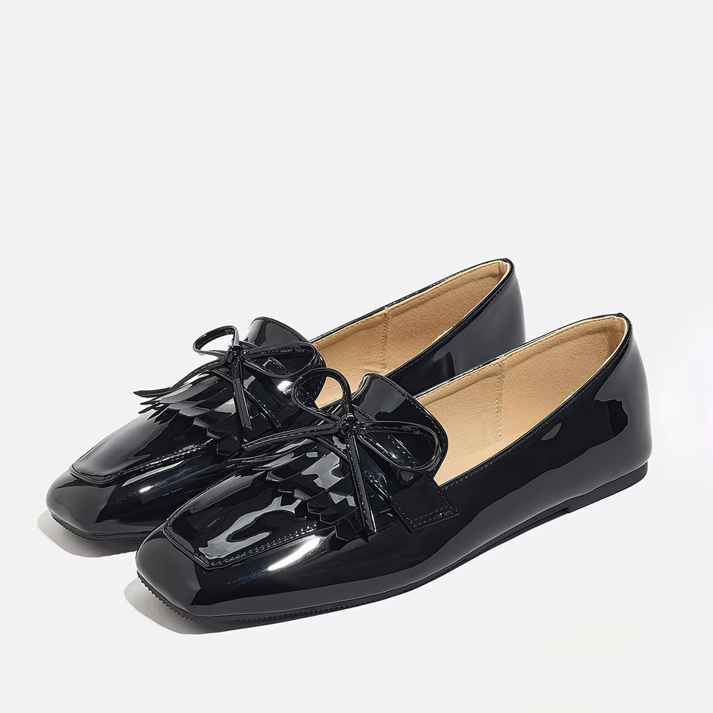 Women'S Flat Shoes with Bow And Tassels, Black Square Toe, Versatile