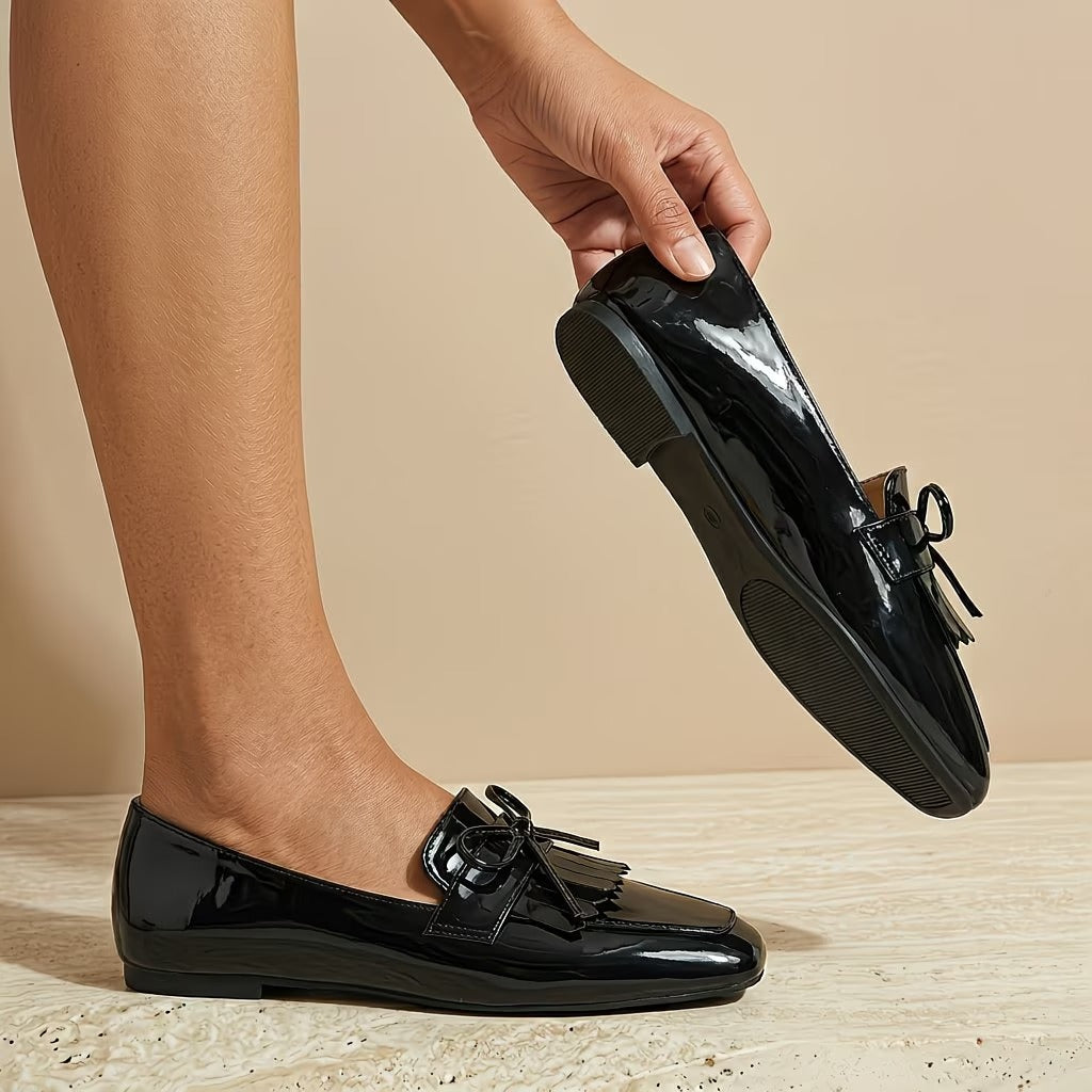 Women'S Flat Shoes with Bow And Tassels, Black Square Toe, Versatile