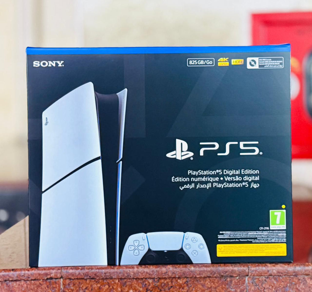 Sony PlayStation 5 (PS5) Digital Edition – Slim model, bundled with 825 GB SSD storage.