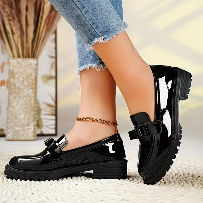 New Patent Glossy Bow Mid-Heel Vintage Loafers European