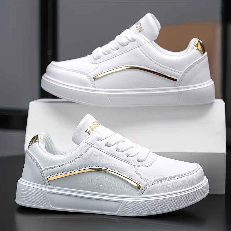 A Pair of Trendy Cool Color-Blocked Golden, Silvery, Black, and White Sneakers for Girls! Kids'